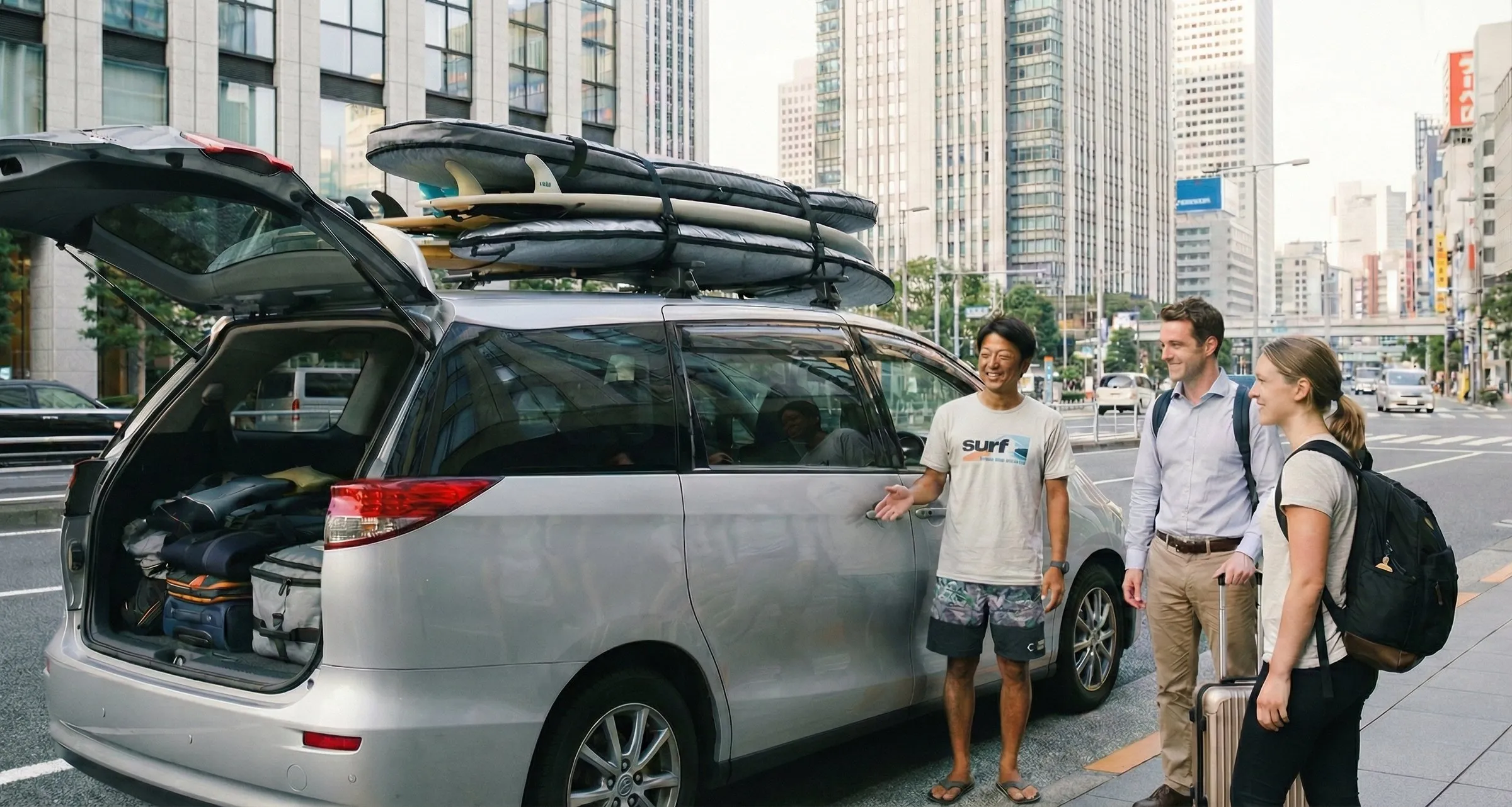 東京の街中で、ボードを積んだ車の横でゲスト2人を出迎える