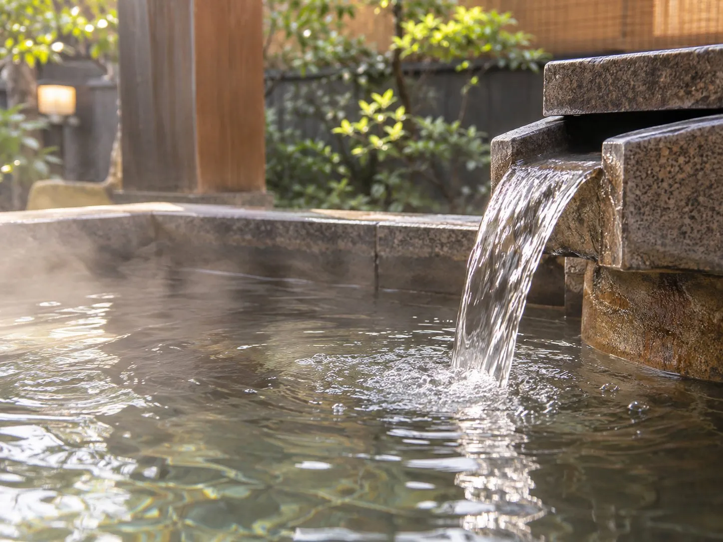 石造りの露天風呂に注ぐお湯