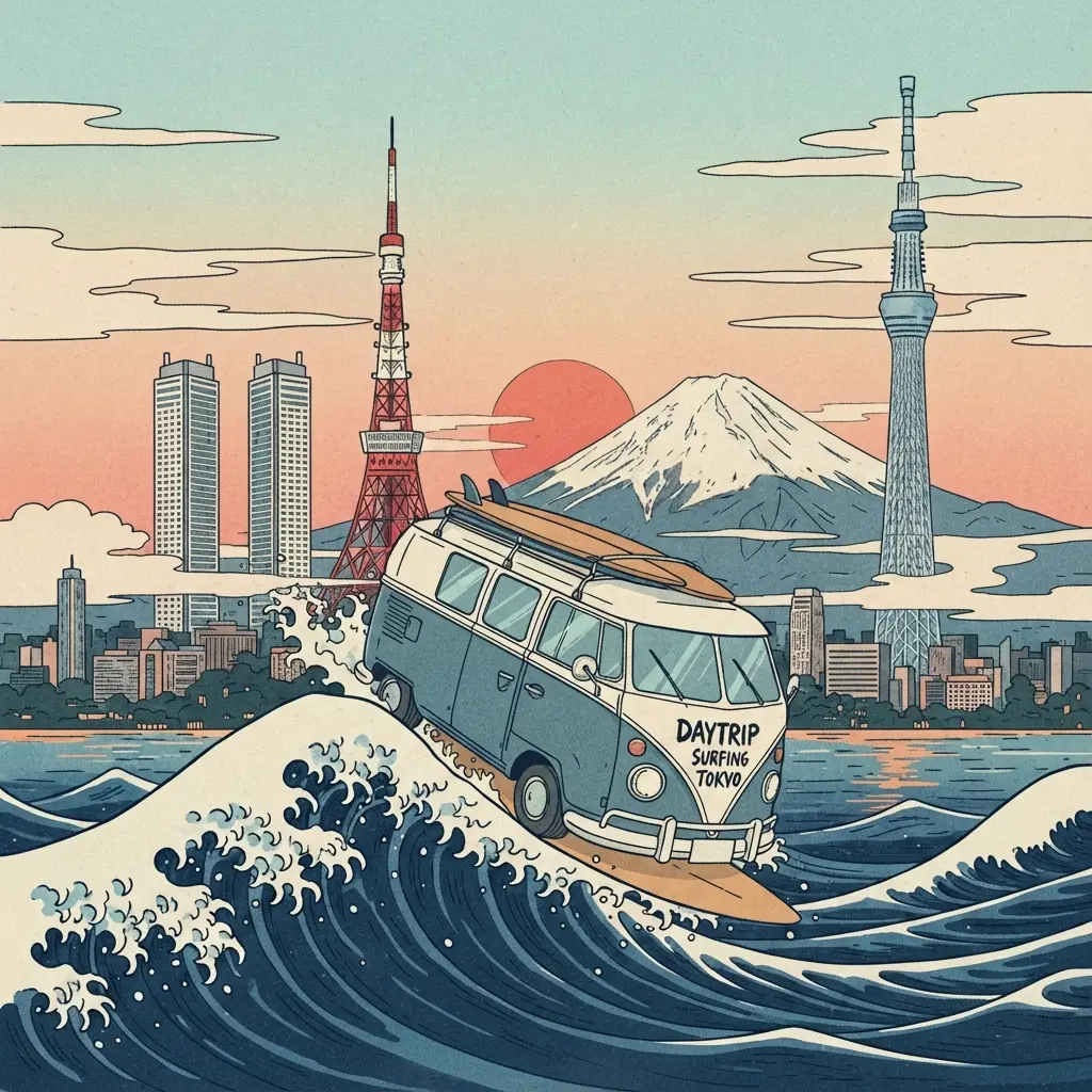 Ukiyo-e style illustration of a Day Trip Surfing Tokyo campervan with surfboards riding a great wave, with Tokyo Tower, Tokyo Skytree, and Mt. Fuji at sunset in the background